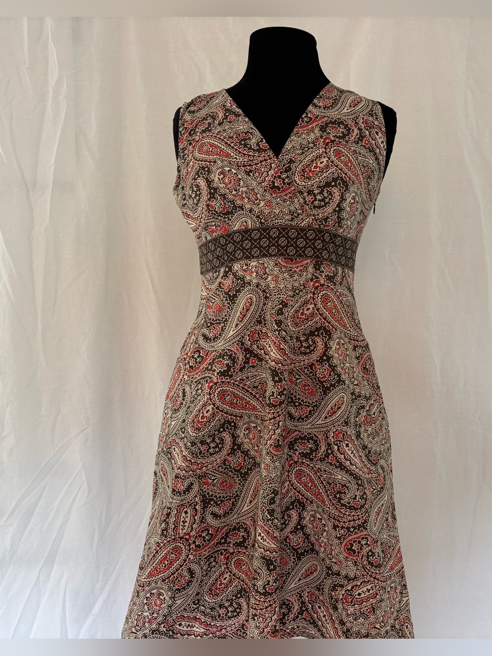 Paisley Cottagecore Boho Midi Dress Pockets Brown Cream Red Petite 8P